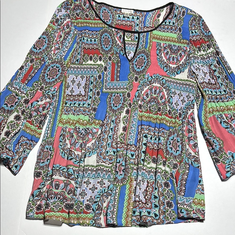 Spense Blue Red Graphic 3/4 Sleeve Blouse Large